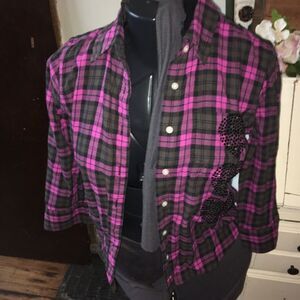 Victoria’s Secret pink plaid, sequined heart button down shirt